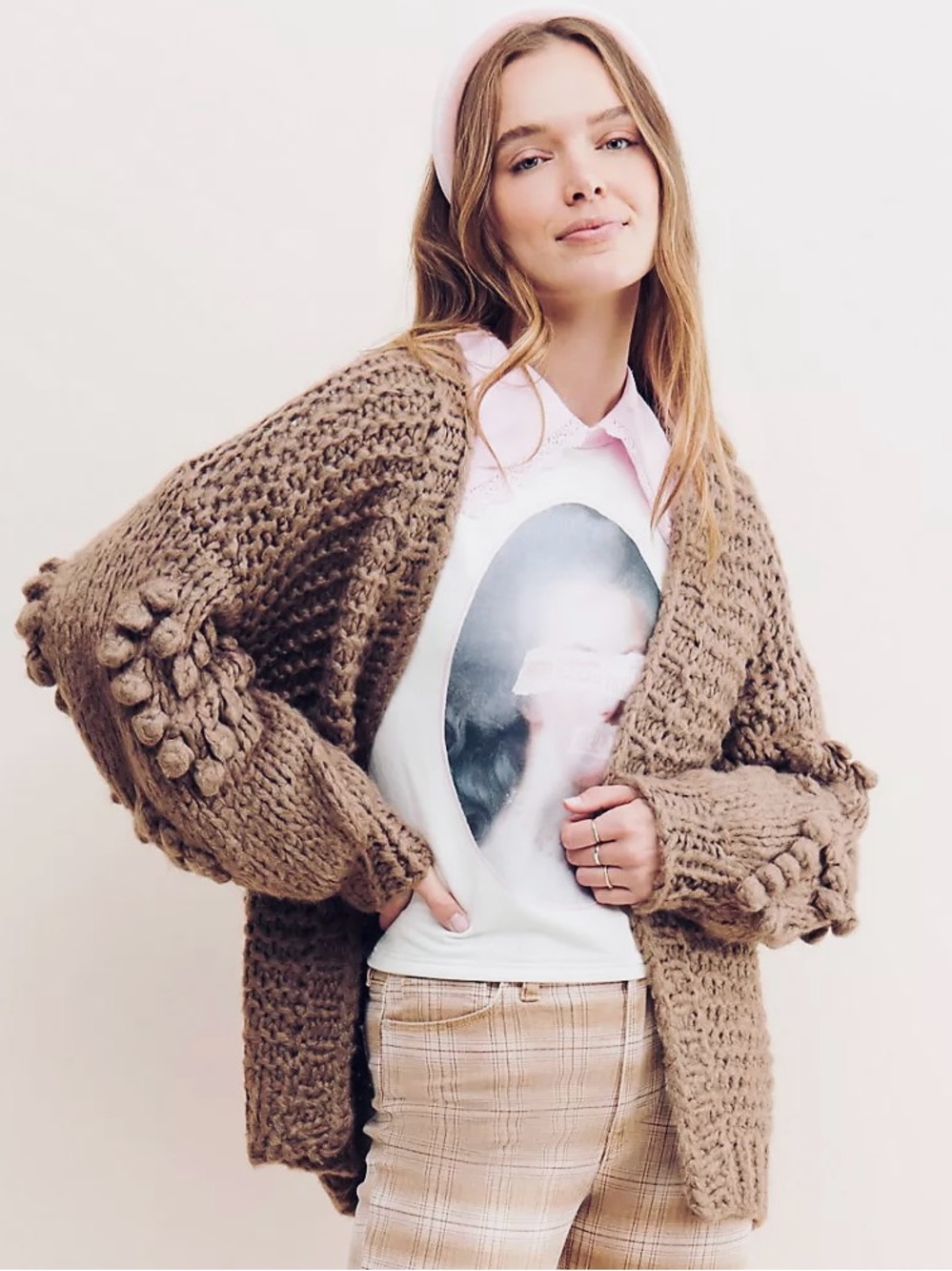ANTHROPOLOGIE S Raga Clarissa Cardigan • Taupe Chunky Knit Open Front Sweater